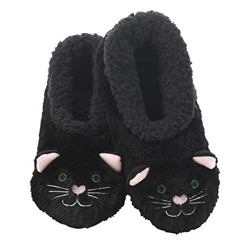 Snoozies Womens Slippers Animal Furry Foot Pals -Black Cat w Black ...