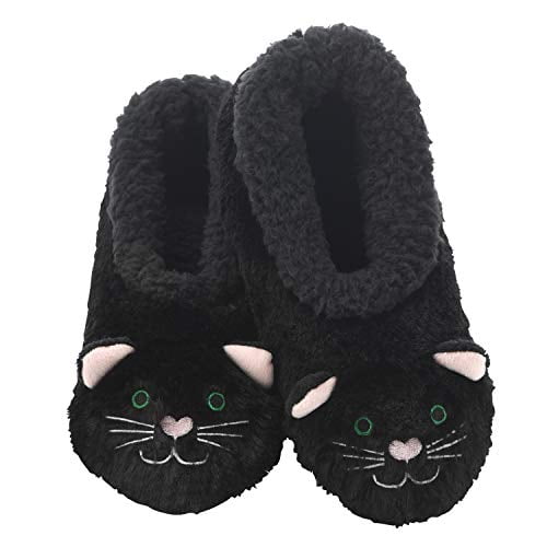 Snoozies Womens Slippers Animal Furry Foot Pals Black Cat w Black