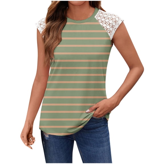 Annhoo Tank Tops for Women Striped Lace Crew Neck Sleeveless Shirts Summer Trendy Casual Loose Blouses