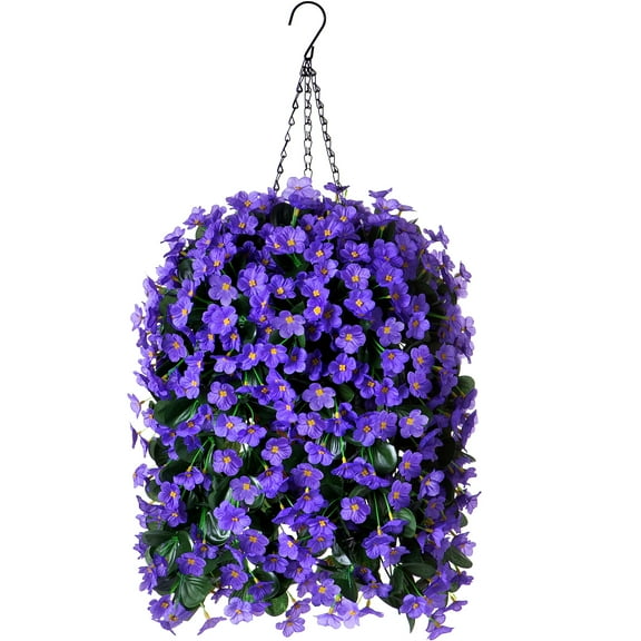 ZZ Artificial Faux Hanging Flowers Plants Basket for Outdoor Outside Porch Decoration, UV Resistant Fake Silk Purple Morning