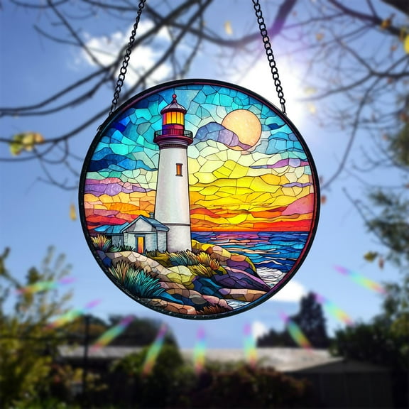 Lighthouse Stained Glass Suncatcher Window Hanging, Nautical Beach House Decor, Coastal Lover Gift, Seaside Home Ornament