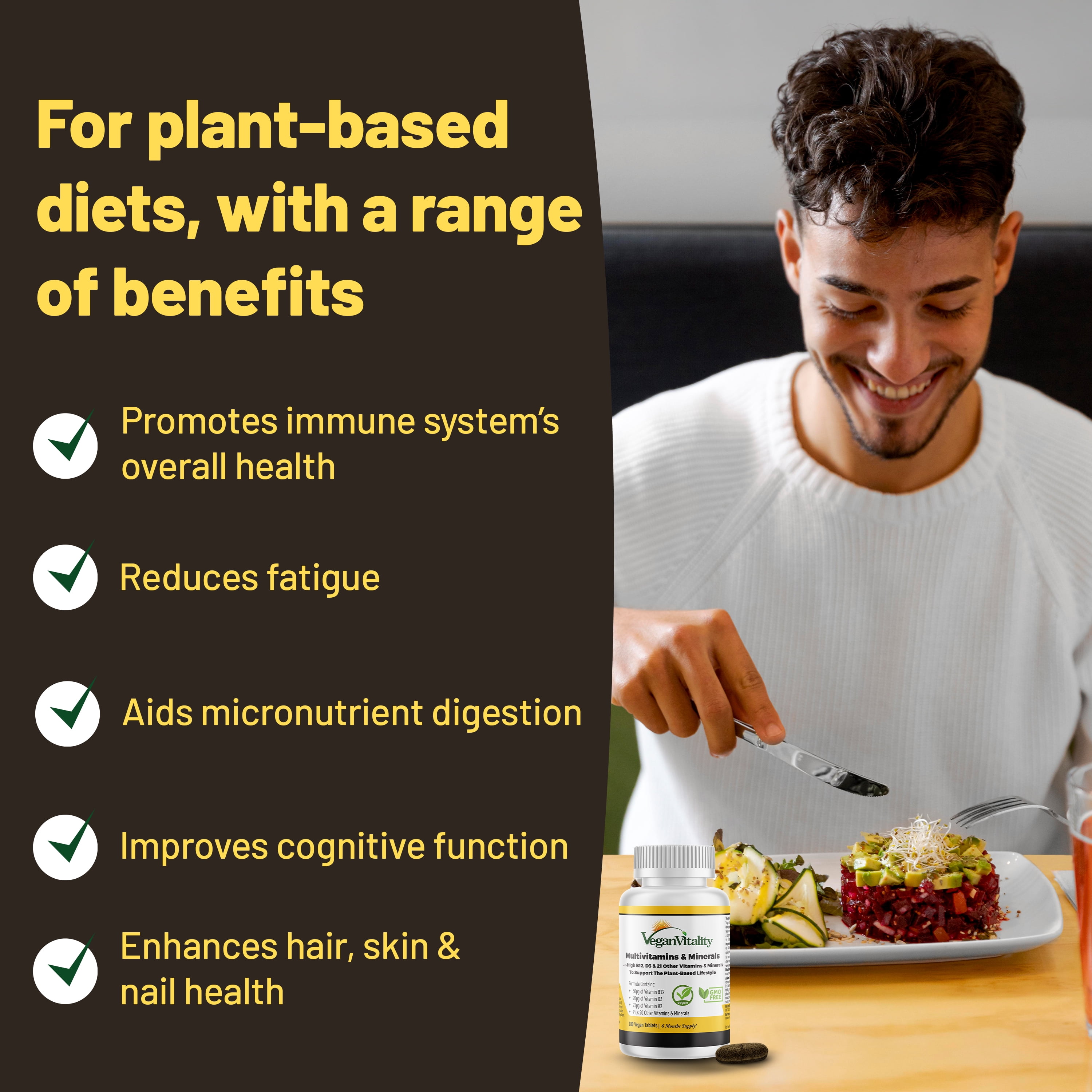 Vegan Multivitamins & Minerals for Women and Men with High Strength Vitamin B12, D3 & K2. 6 Months Supply