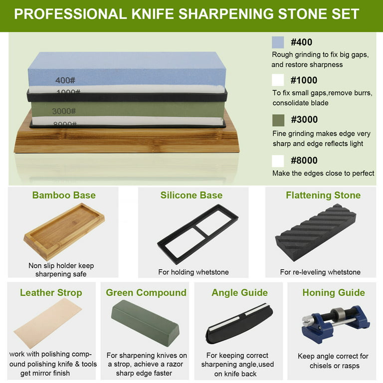 Sboly Sharpening Stone Knife Sharpeners - 400/1000 + 3000/8000 Grit  Whetstone with Honing Guide, Flattening Stone, Bamboo Base, Leather Strop,  Angle Guide and Abrasive Compound 
