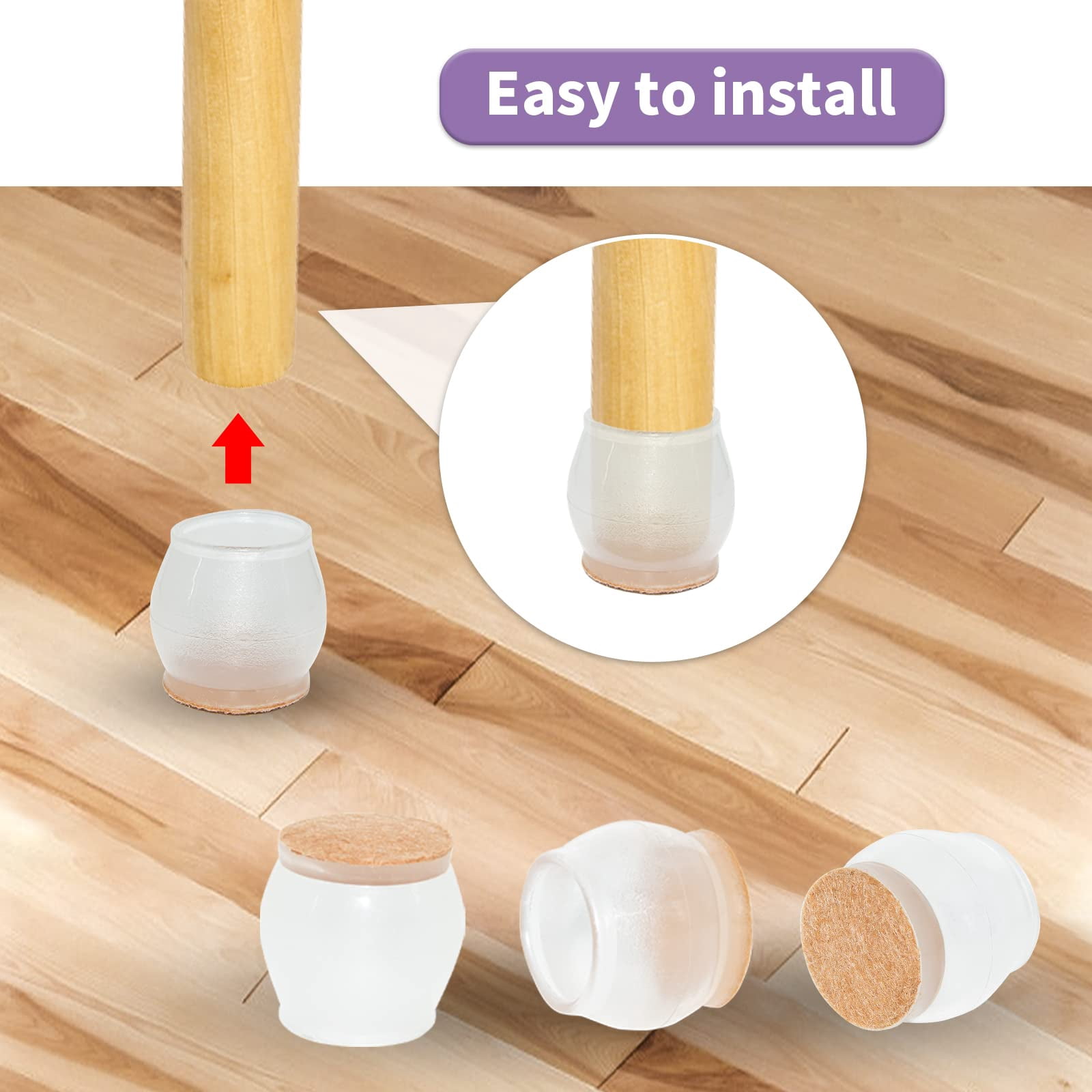 Flyshop 4pcs TPR Rubber Chair Leg Caps for Hardwood Floor, Round Chair Leg Floor Protectors with Felt Pads, Transparent, Large Size 33 to 44 mm, 1-1/4" to 1-3/4"