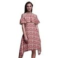 thumbnail image 1 of Bimba Brown Leaves Printed Womens Ruffle Front Cold Shoulder Swing Shift Dress - Large, 1 of 6