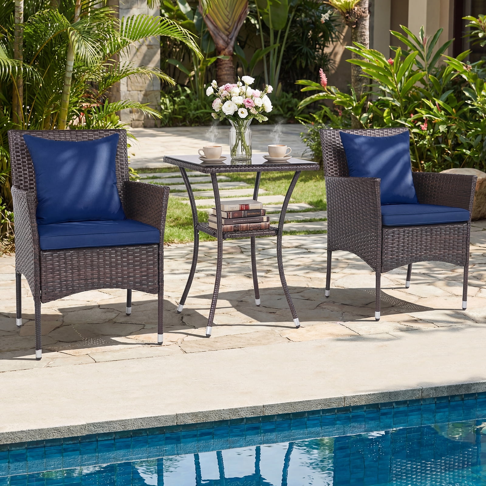 Costway 3PCS Patio Wicker Bistro Set, 2 Rattan Chairs with Double-Tier Tempered Glass Table Mix Brown+Blue