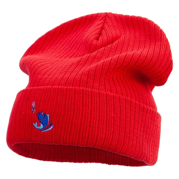 Blue Fish Symbol Embroidered Big Size Cuff Long Beanie - Red XL-3XL