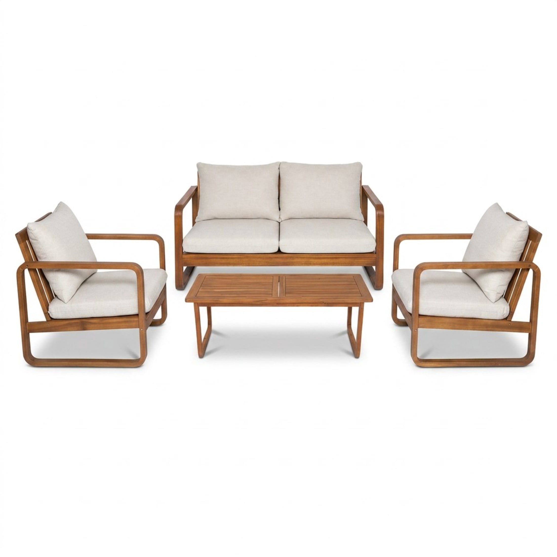 Christopher Knight Home 4-Piece Patio Conversation Set, Acacia Wood Sofa, Chairs & Table, Teak+Beige