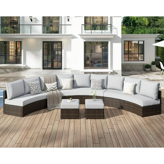 Auhilence 5-Piece Curved Outdoor Sectional with Soft Cushions and Ottoman, Brown