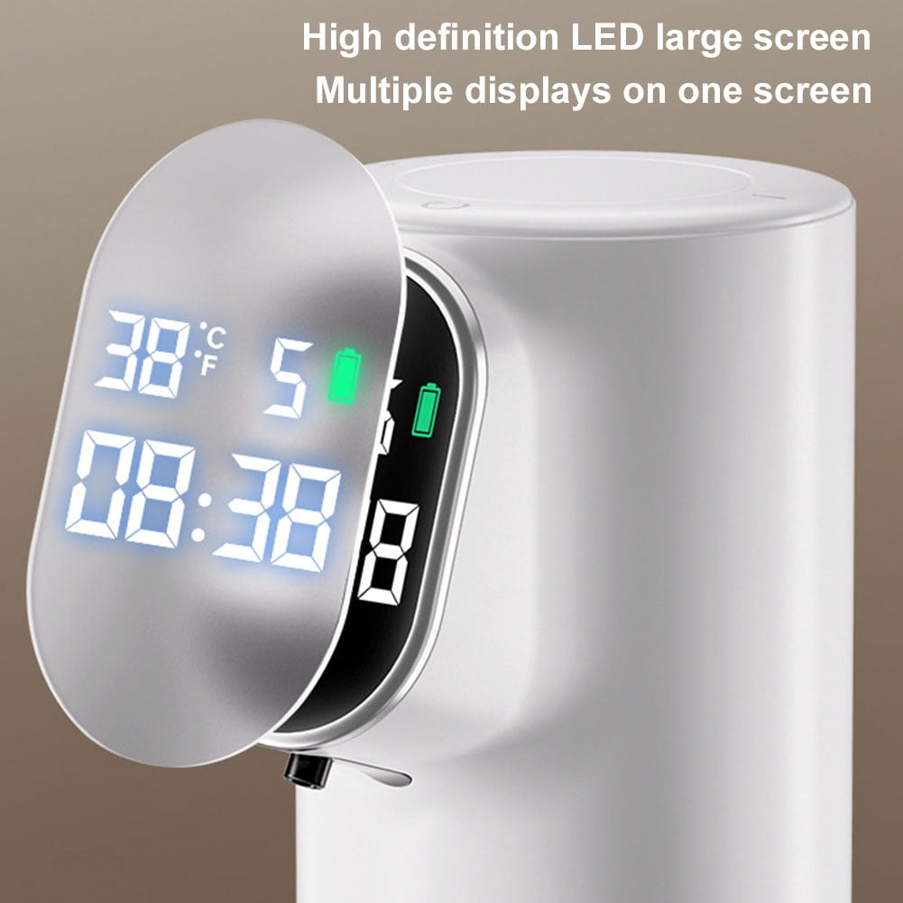 CARRFA Automatic LED 320ml Liquid Foam Soap Dispenser 5 Adjustable Levels Hand Sanitizer Machine Time Temperature Display Can Wall Mount for Bathroom Kitchen (White)