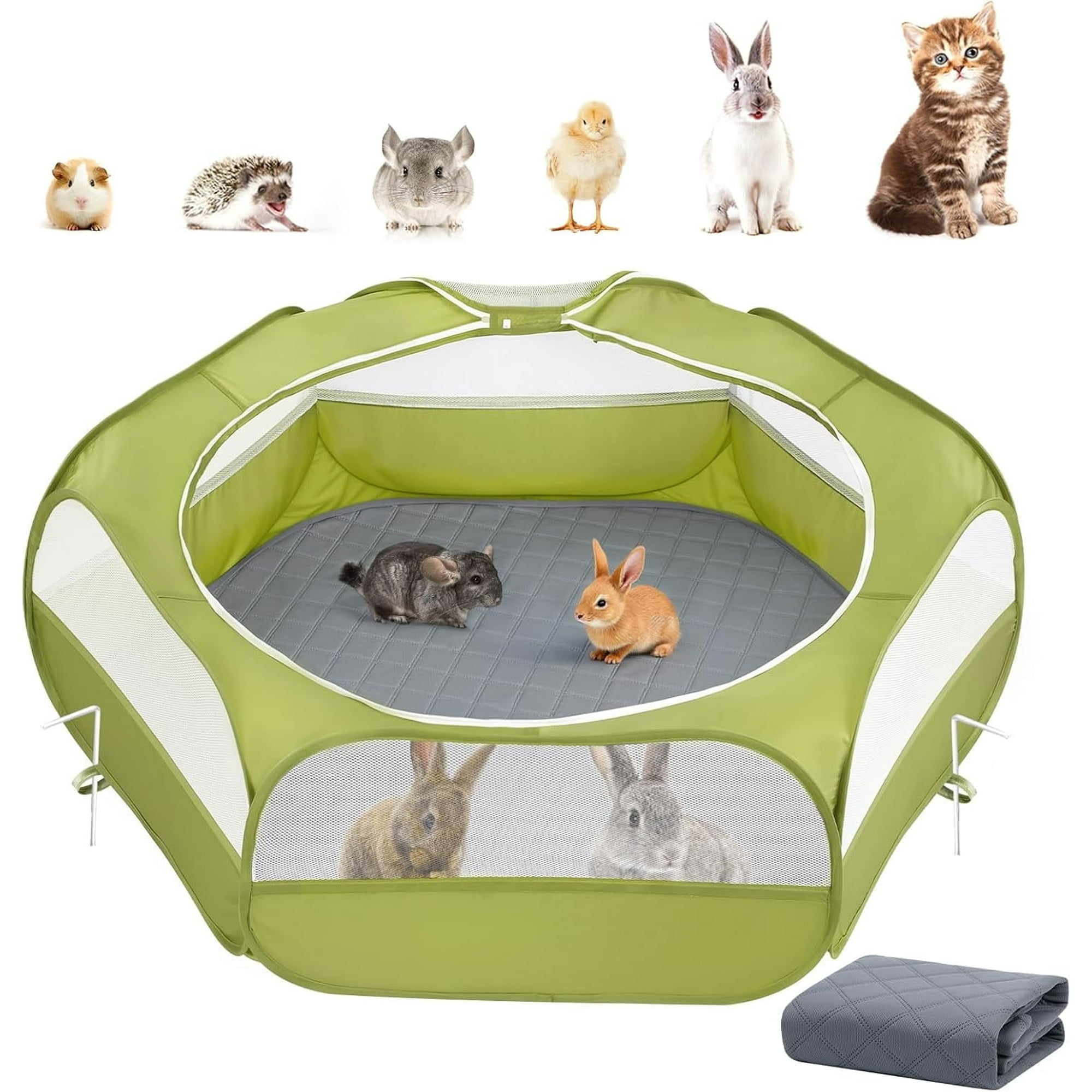 Pawaboo 2-in-1 Small Animals Playpen with Pad, Waterproof Small Pet Cage Tent with Reusable Pad, Portable Outdoor Yard Fence for Chick/Kitten/Puppy/Guinea Pig/Rabbits/Chinchillas, Green