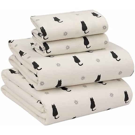 Flannel Sheets King Size - 100% Cotton Brushed King Size Sheets Set - Deep Pockets 16 Inches Bed Sheets - All Seasons Breathable & Extra Soft - Warm & Cozy, 4 Piece, Black Cat