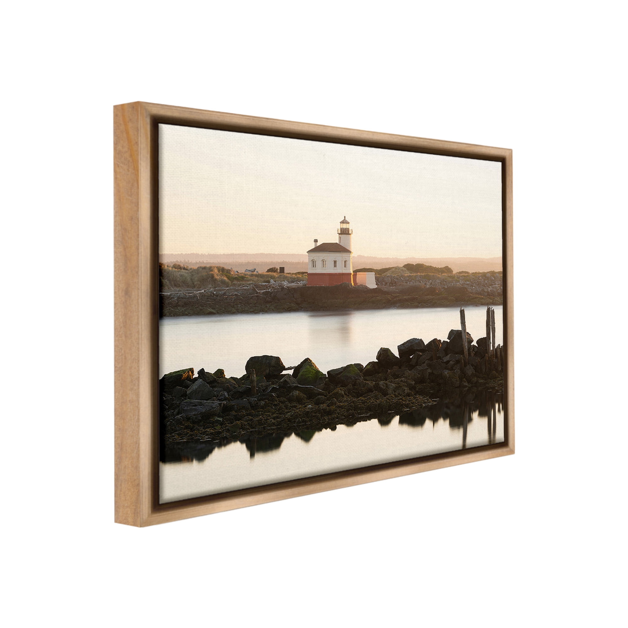 Stupell Industries Lighthouse with Soft Sunlight Landscape Photography Brown Floater Framed Canvas Art Print Wall Art, 31 x 25