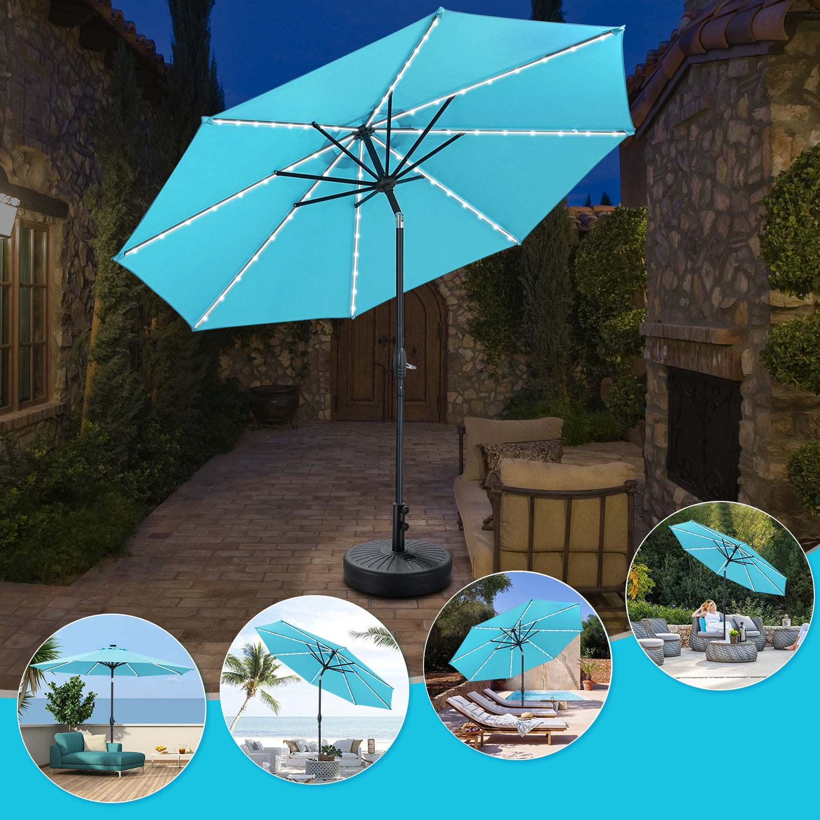 Ainfox 10ft Patio Led Lighted Umbrella with Weight Base,Outdoor Table Sun Shade Umbrellas with Push Button Tilt/Crank, 8 ribs, Lake Blue