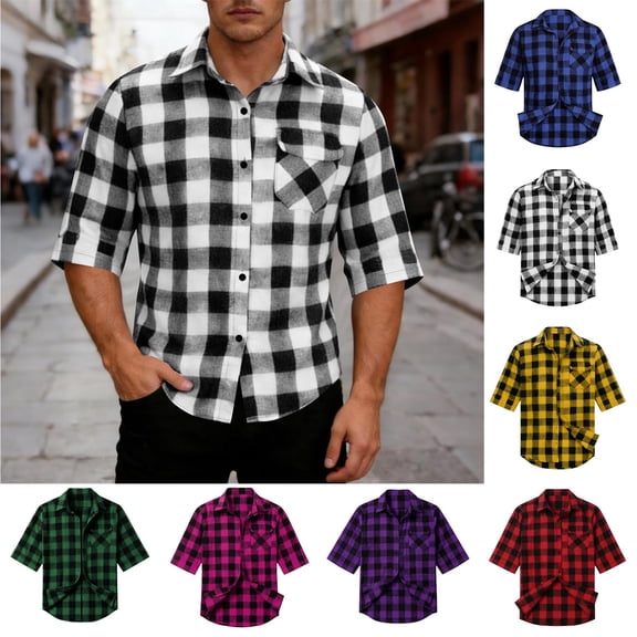 Xcmzpl Mens Short Sleeve Plaid Shirts Lapel Collar Button Down Pocket Tops Classic Fit Loose Fit Casual Everyday Tee
