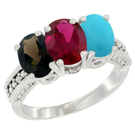 - 14K White Gold Natural Smoky Topaz, Enhanced Ruby & Natural Turquoise Ring 3-Stone 7x5 mm Oval Diamond Accent, sizes 5 - 10