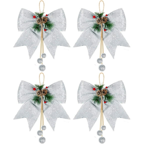 Whaline 4pcs Christmas Bow, Silver Wreaths Bows, Large Glitter Ribbon Bow Tie, Large Xmas Bows, Wreath Ornament Decor for Christmas Tree Party Gift, 9.8 x 11.8