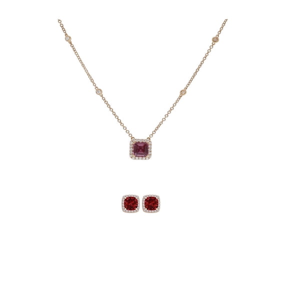 Paris Jewelry 18K Rose Gold 1Ct Halo Ruby Square 18 inch Necklace and Earrings Set Plated Women