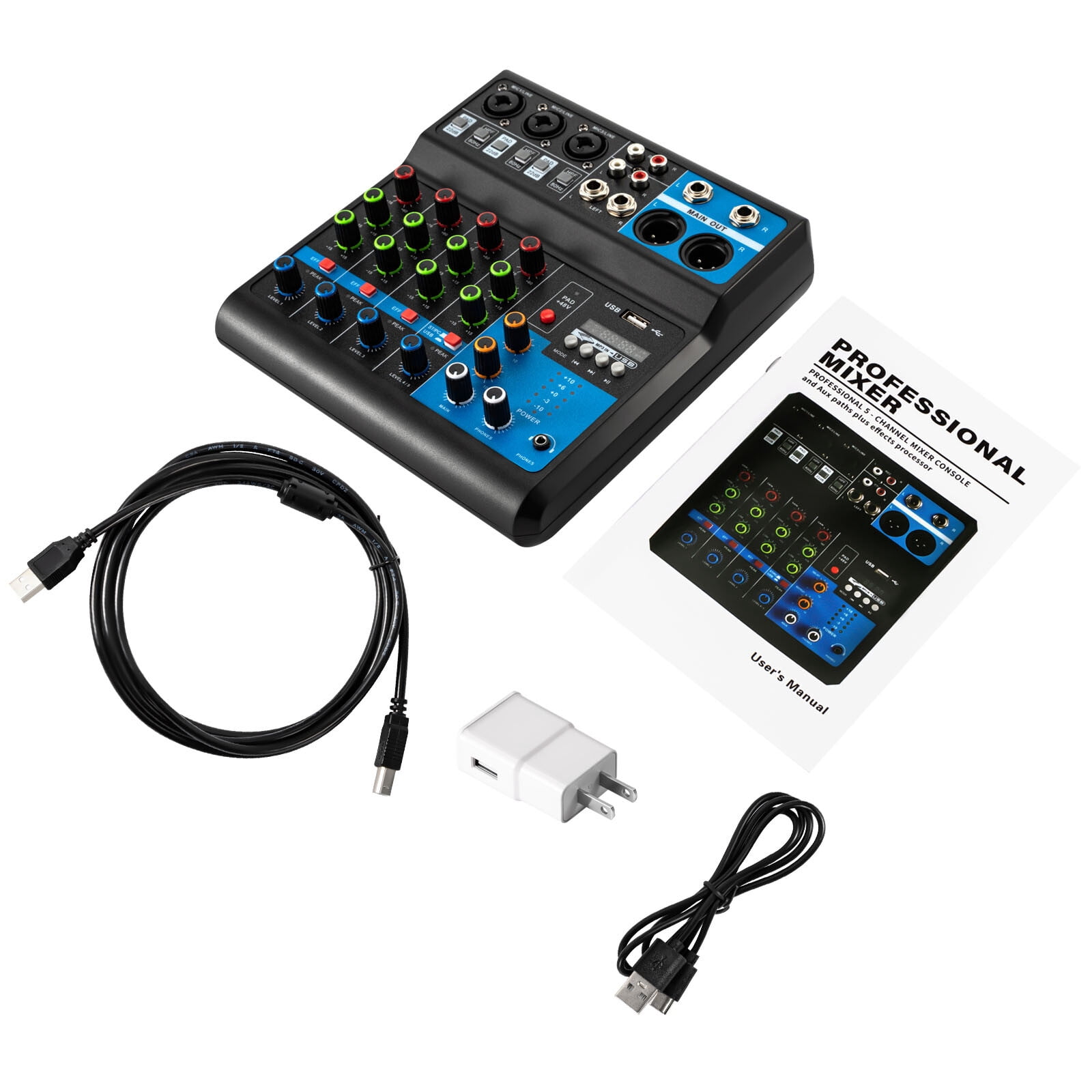5 Channels Mini Audio DJ Mixer Sound Board Console System DJ Studio Streamingantom Power with Lotus Interface&USB Slot