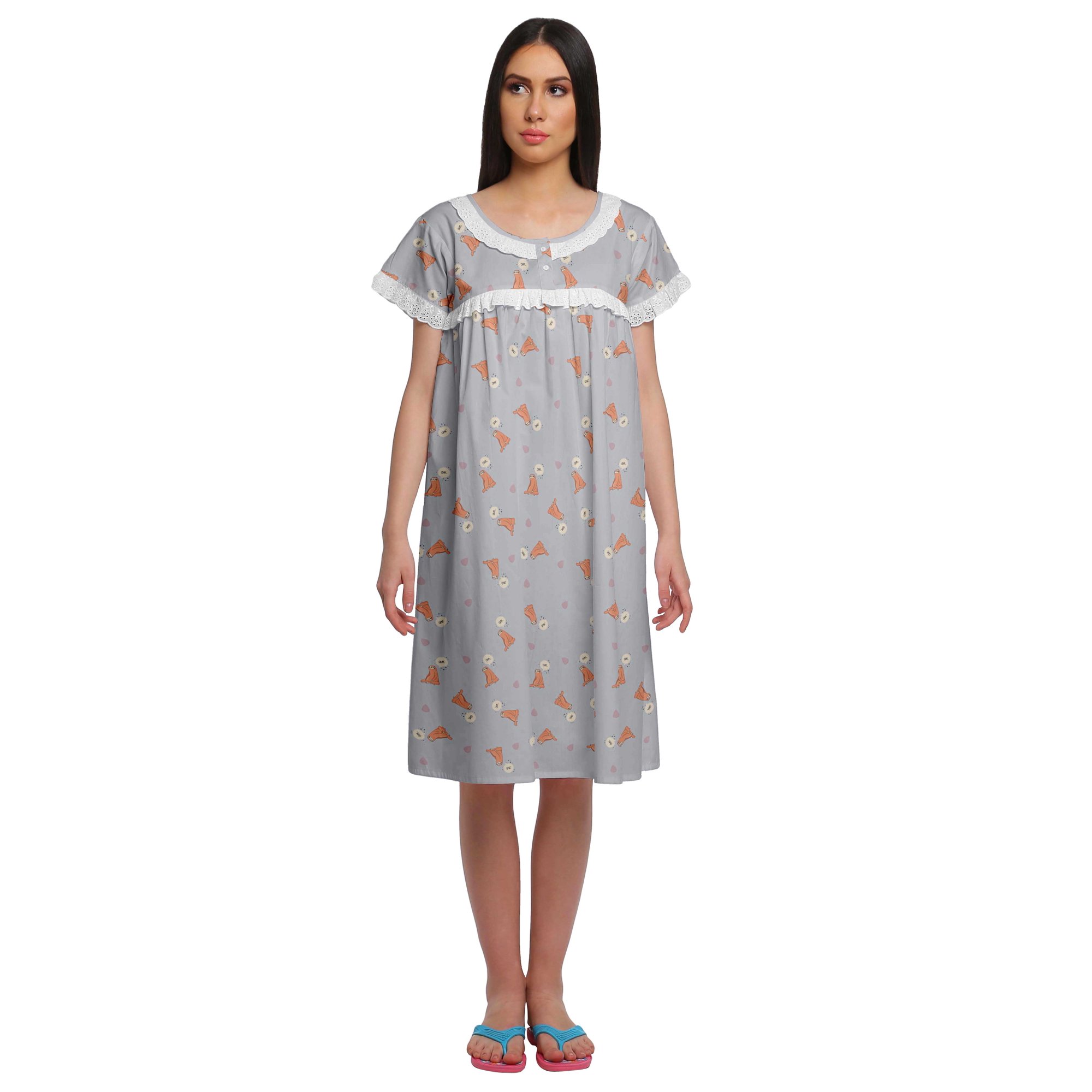 Moomaya Short Sleeve Nightdress For Ladies Printed Button Placket Nightwear