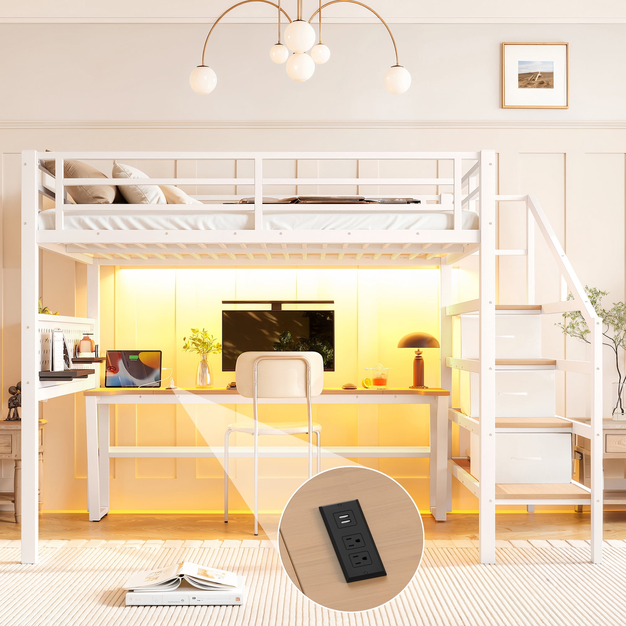 Leumius Full Size Loft Bed with Storage Stairs and Movable Desk with USB,Metal Loft Bed Frame with 3 Fabric Drawers and LED, Full-Length Guardrail and Pegboard,Antique White