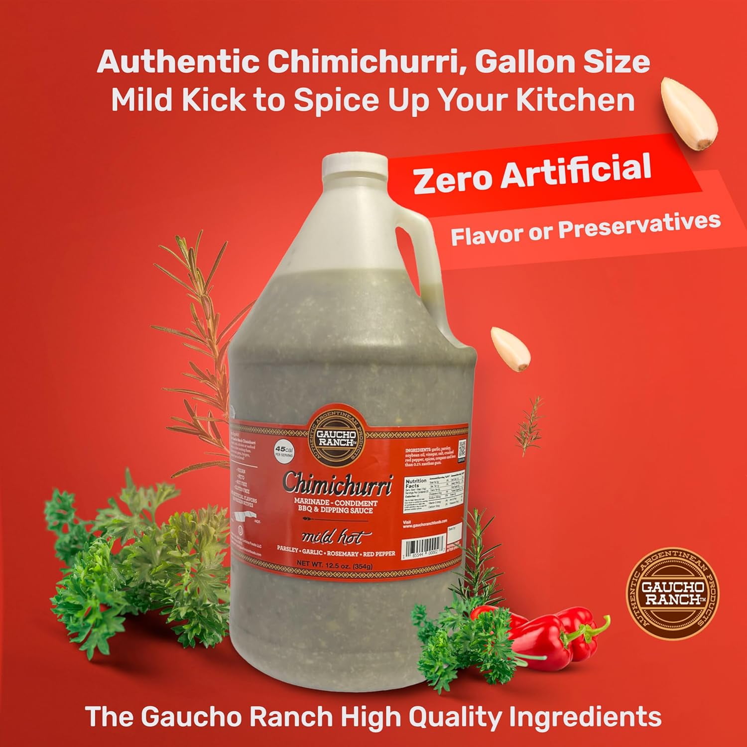 Gaucho Ranch Mild Hot Chimichurri Sauce, 1 Gallon - Zesty, Gluten-Free, Vegan, Organic Herbs