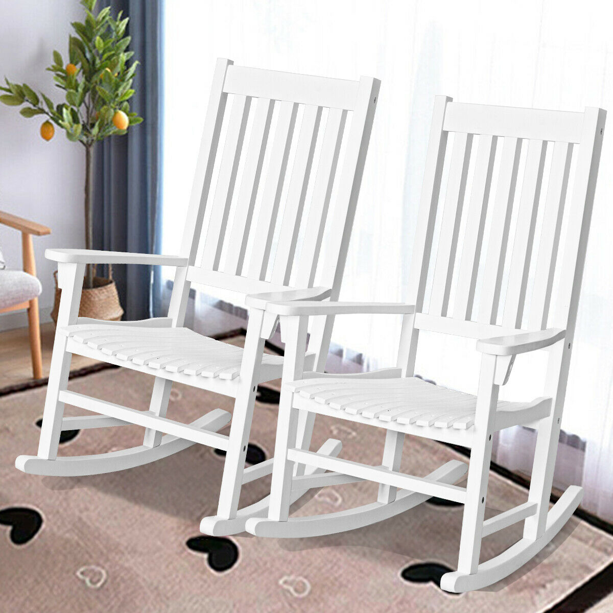 Gymax 2PCS Wood Rocking Chair Porch Rocker High Back Garden Seat Indoor Outdoor White - image 3 of 10