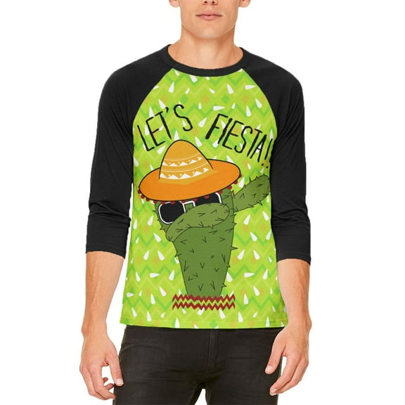 Cinco de Mayo Dabbing Cactus Let's Fiesta Party Mens Raglan T Shirt White-Black X-LG
