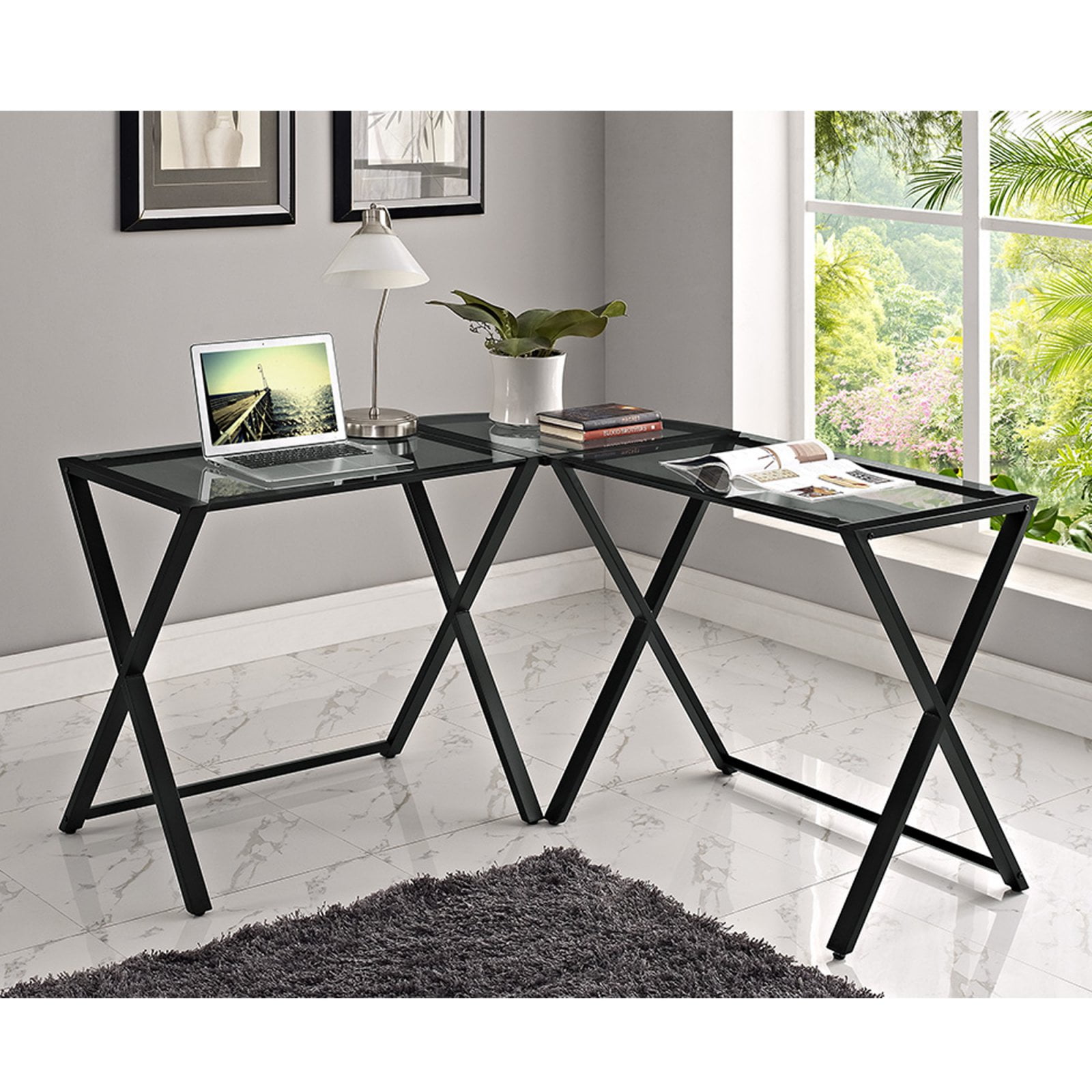 Walker Edison Glass and Metal XFrame Corner Computer Desk, Smoke