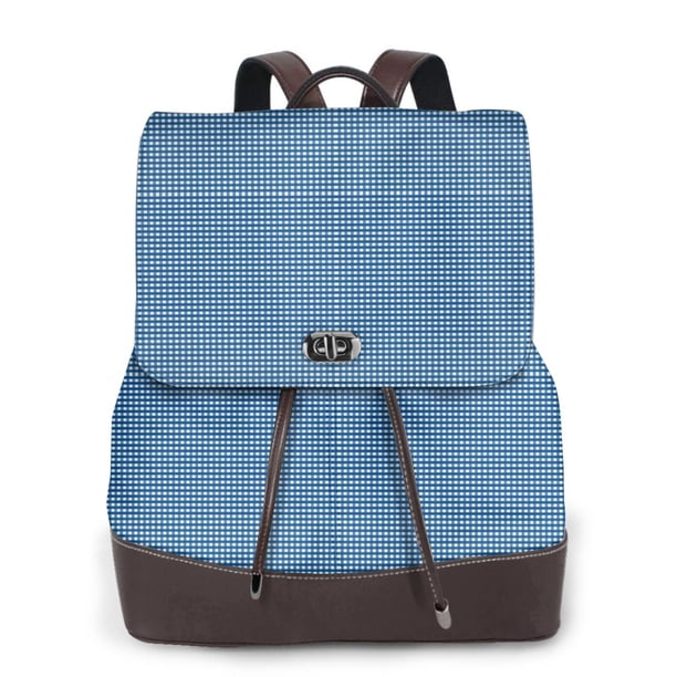 Easygdp Blue Gingham Mochila de Cuero para Mujeres, Bolso de Hombro, Bolsos de Mano de Moda para Trabajo y Viajes