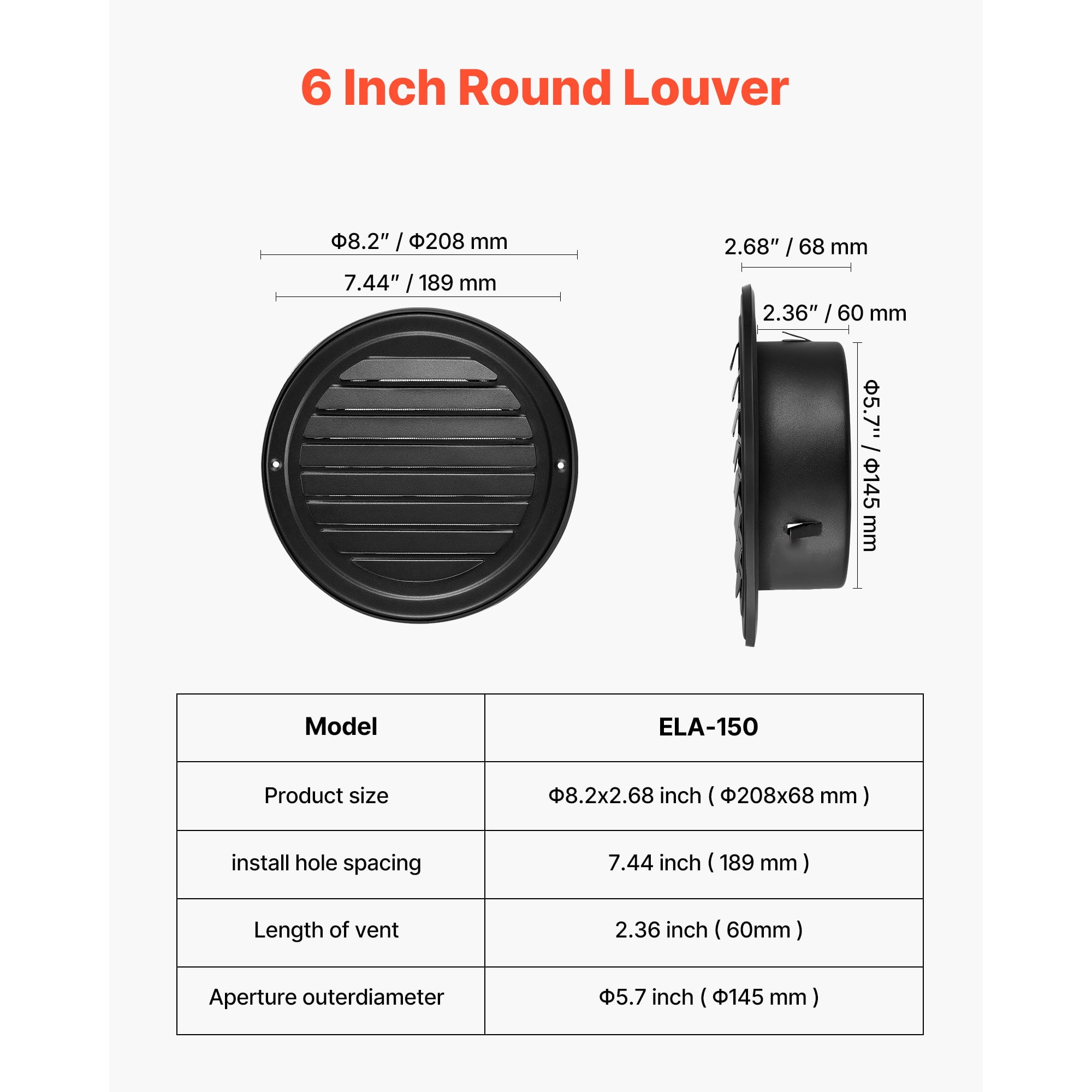 KFFKFF 6-Inch Wall Vent Cover, Round Louvered AC Vent with Protective Screen, Durable Stainless Steel for Home, Bathroom, Garage, Kitchen, Basement (2-Pack, Black)