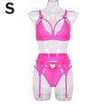 thumbnail image 1 of Conjunto de ropa interior de encaje de 3 piezas para mujer, sujetador sexy, bragas, liguero, rosa fluorescente, S AweSitey XX000052-03, 1 of 7