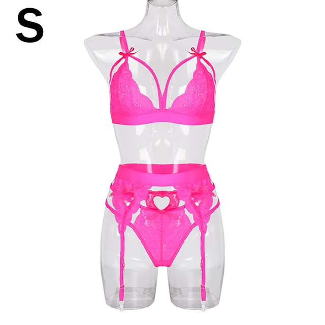Conjunto de ropa interior de encaje de 3 piezas para mujer, sujetador sexy, bragas, liguero, rosa fluorescente, S AweSitey XX000052-03