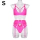 thumbnail image 1 of Conjunto de ropa interior de encaje de 3 piezas para mujer, sujetador sexy, bragas, liguero, rosa fluorescente, S kenally XX000052-03, 1 of 7