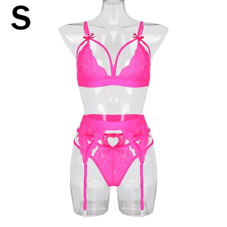 

3Pcs Women Lace Underwear Set Fashion Bra Panty Garter Belt Fluorescent Pink S
