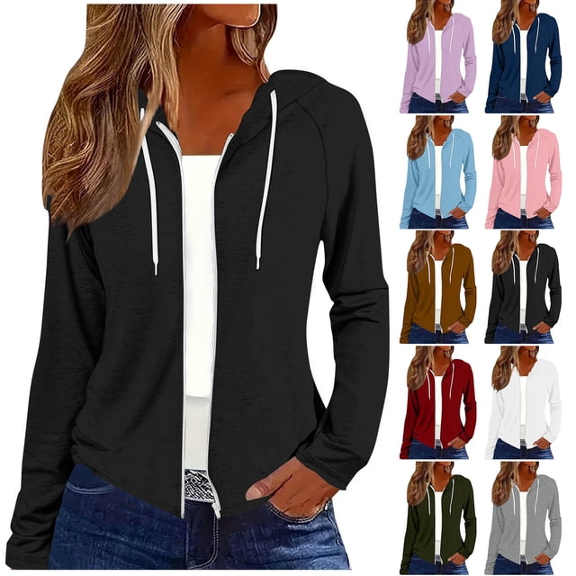 Sudadera con cremallera,Blusa informal de manga larga con capucha para mujer, de poliéster con cremallera frontal, cómoda para el hogar o el trabajo, sopatenor