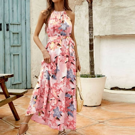 

Leutsin Women s Summer Boho Floral Print Women Fashion Casual V-Neck Printing Sleeveless Mid-Length Sleeve Size Dress