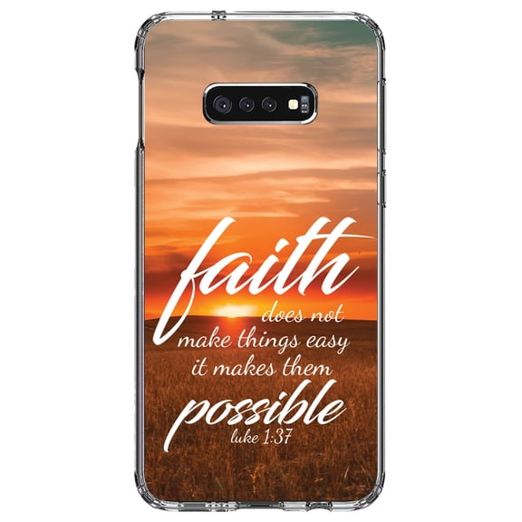 DistinctInk Clear Shockproof Hybrid Case for Samsung Galaxy S10e (5.8" Screen) - TPU Bumper, Acrylic Back, Tempered Glass Screen Protector - Luke 1:37 - Faith Does Not Make Easy Makes Possible