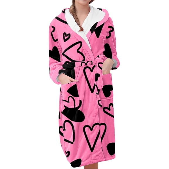 MEICHEN Plush Bathrobes for Women Valentine's Day Fleece Plush Robe Long Warm Plush Bathrobe Loungewear Jacket Printed Comfort Robe Women's Robes