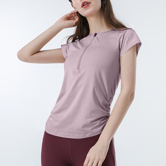 Vivianyn HD Women's Half Zip Ruched Workout Tops, Short Sleeve Athletic Shirts for Yoga,Purple,Size S-XL