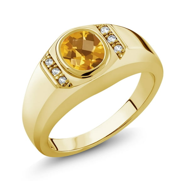 Gem Stone King Oval Checkerboard Yellow Citrine White Created Sapphire 18K Yellow Gold Plated Silver Men's Ring 1.31 Ct (Size 9)