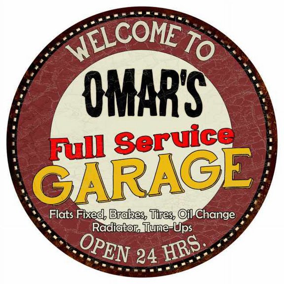 Omar's Full Service Garage 14" Round Metal Sign Man Cave Décor 100140037099