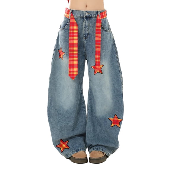 Womens Star Embroidery Patchwork Jeans Loose Fit Straight Leg Wide Leg Trousers Streetwear Baggy Jeans for Women Trendy Graphic Denim Pants