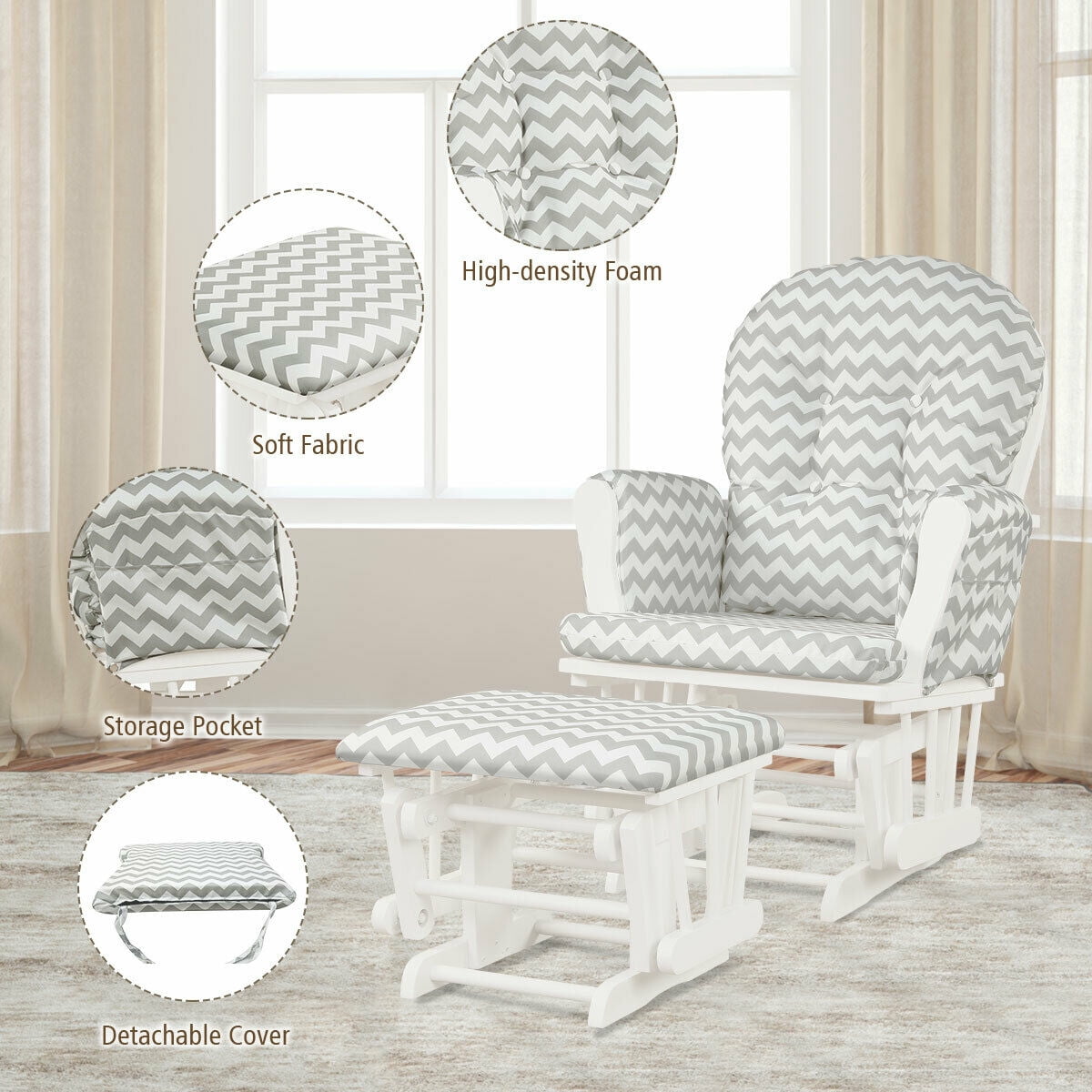 Topbuy Rocking Chair Baby Nursery Chair Glider with Ottoman &Storage Pocket Grey+ White