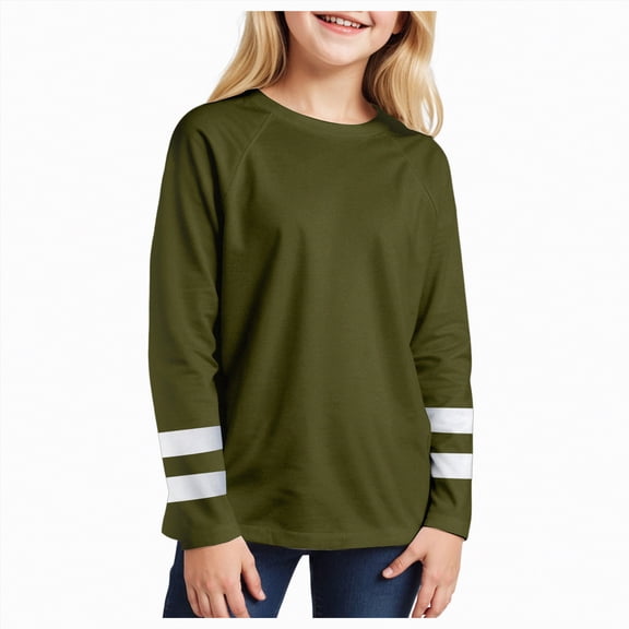Linfrsh Long Sleeve Shirts for Girls Girls Long Sleeve Shirts Comfort Cotton Crewneck Tagless Basic Tee Tops for Kids Teen Girls(Dark Green,7-8 Years)