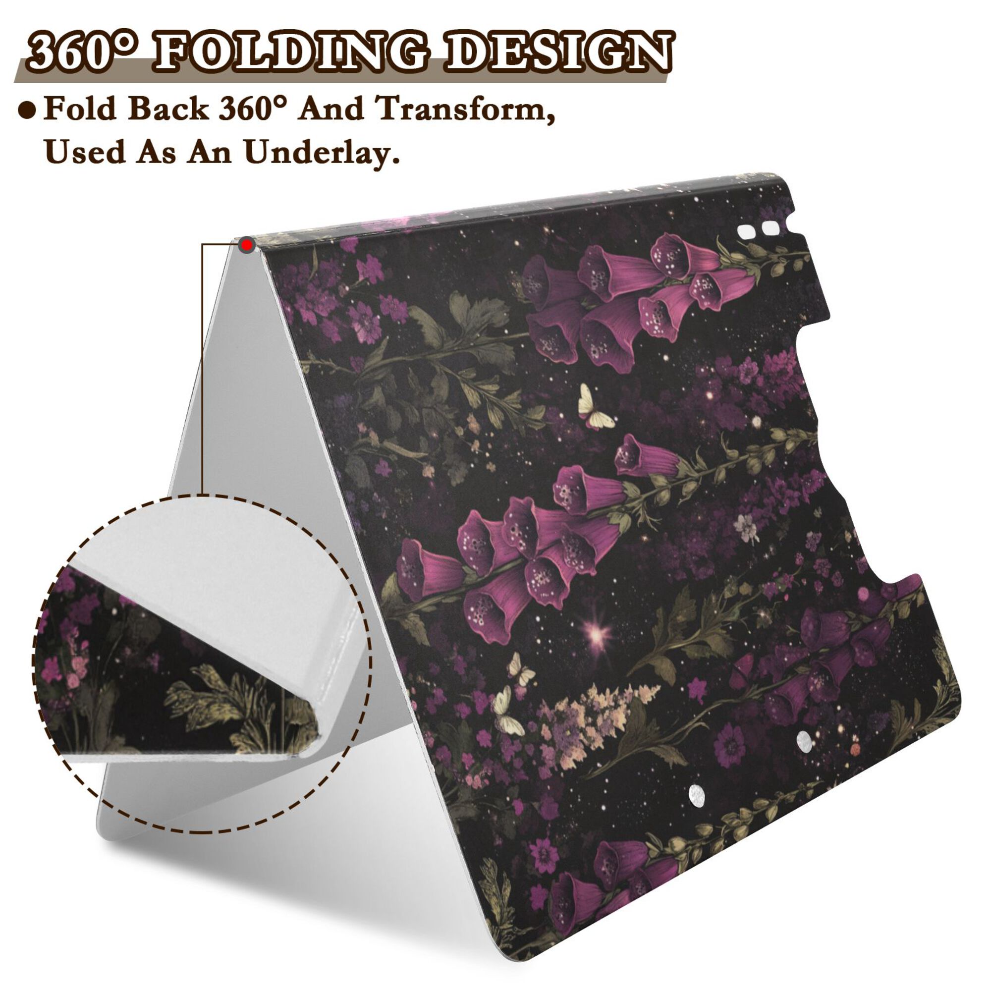FORMRS A4 Clipboard Folder with Pen Holder Horizontal Foldable School Office Binder, Dark Purple Floral Pattern