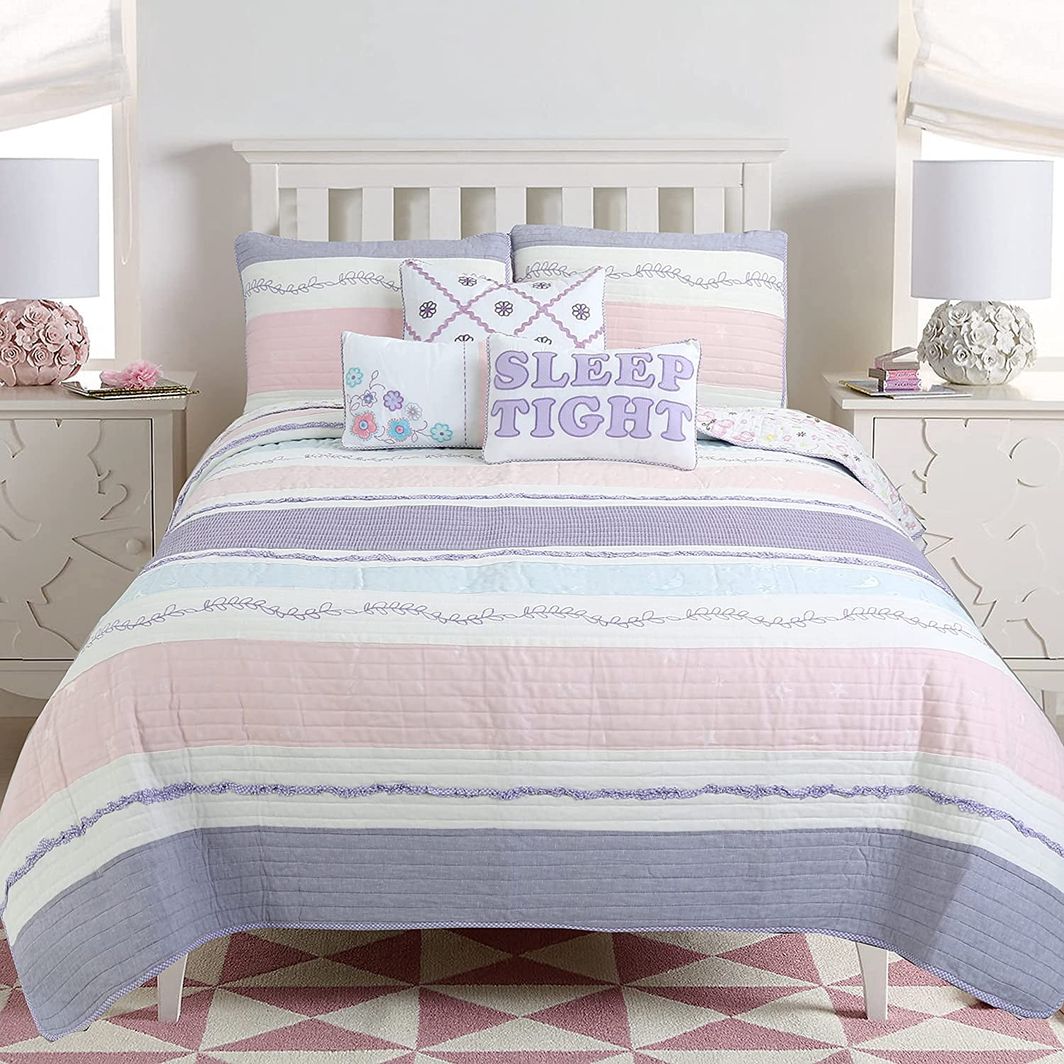 Cozy Line Lavender Blue Pink Ruffles Girl Cotton Reversible Quilt Bedding Set (Queen-3 Piece)