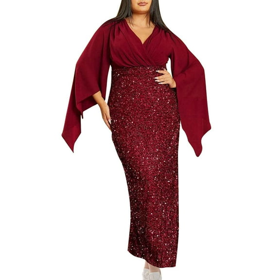 Ynynloco Dresses for Women V-Neck Long Sleeve Patch Sequin Long Dresses for Wedding Party Sequins Prom Cocktail