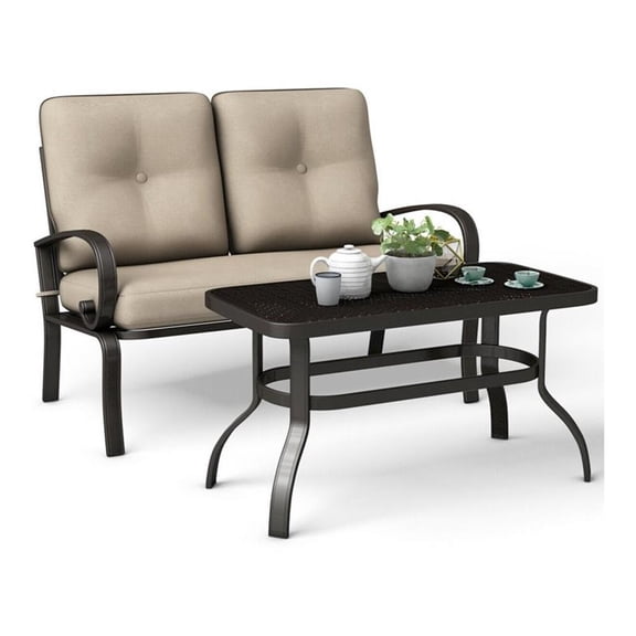 Pemberly Row 2 Pieces Metal Patio Outdoor Furniture Set with Cushion in Beige