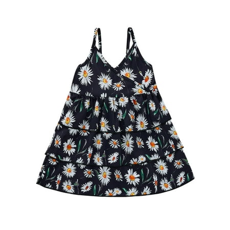 

Canrulo Toddler Kids Girl Sleeveless Tank Dress Summer Daisy Halter Dress One Piece Ruffles Skirts Outfits Black 3-4 Years